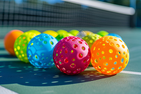彩色弹力带绚丽多彩的球在网球场上背景