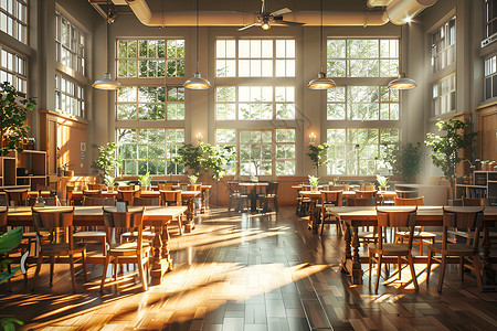 学生餐厅校园餐厅的木质桌椅背景