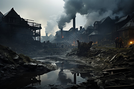 工业风素材尘烟弥漫的工业风废墟插画
