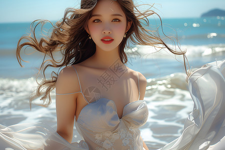 美女在海边奔跑靓丽的白裙少女在海边微笑背景