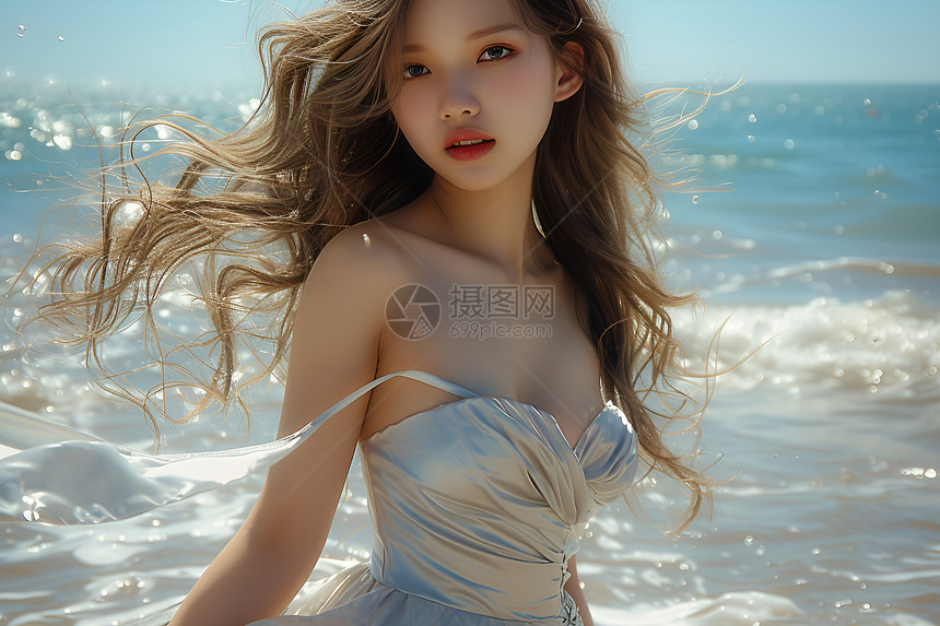 白裙海边的优雅少女图片