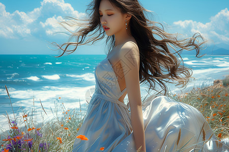 海风拂动着长发女孩高清图片
