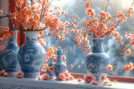 有花朵的瓷器窗前花瓶与窗外风景背景