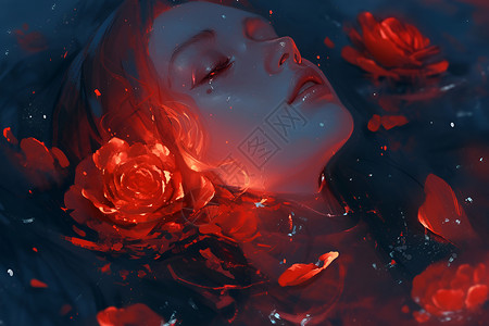水中的女人和玫瑰插画