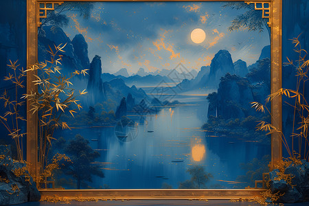 相框中的湖泊夜景背景图片