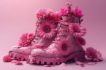粉色的花海和靴子背景图片
