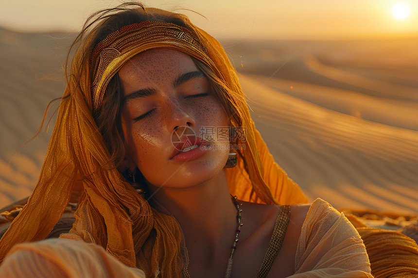 沙漠中夕阳下的女子图片