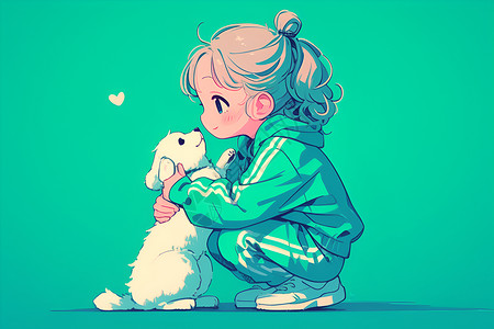 可爱小女孩抱着小白狗插画