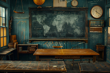 教室里的桌椅和黑板背景图片