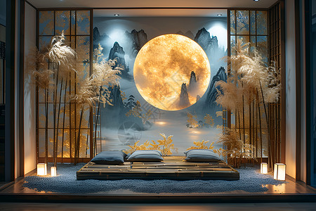 中国风壁画样机雅致静谧的室内设计图片