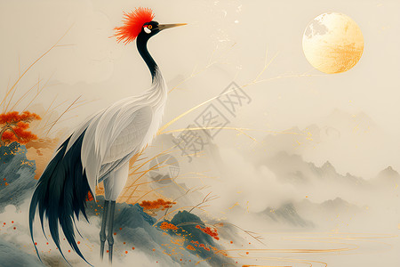 画作展示画作的红冠鹤插画