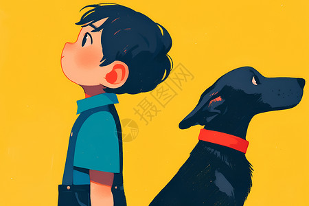 黄色背景中的男孩和小狗背景图片