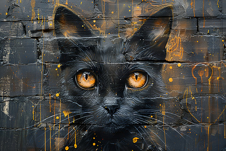街头墙墙壁上彩绘的猫咪插画