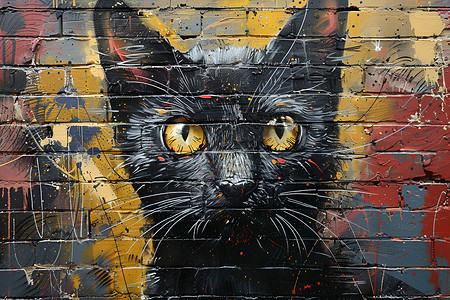 街头墙墙壁上绘画的黑猫插画