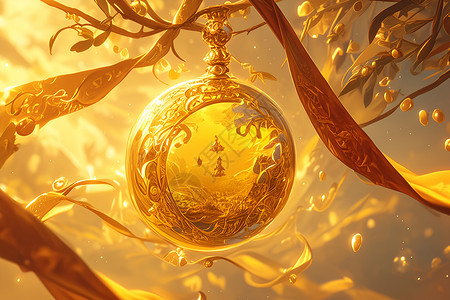 灯笼饰品树上悬挂的金色吊坠插画