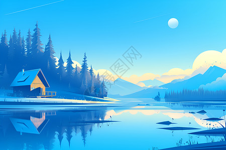 月下景色月下湖泊插画