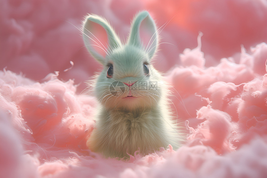 粉色云朵中的小兔子图片