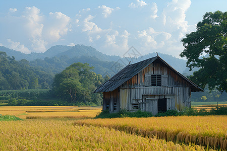 树木丛林稻谷与古老稻仓背景