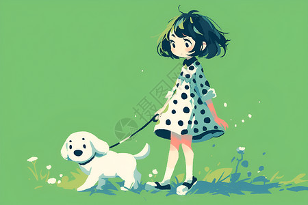 穿裙子的小姑娘小姑娘牵着小白狗插画