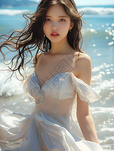 海边白裙少女背景图片