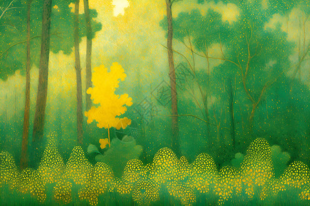 油画绿色森林绿树景色插画