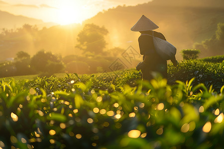 清晨的茶农背景图片