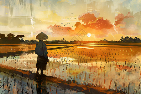 农民静静地凝视着稻田背景图片