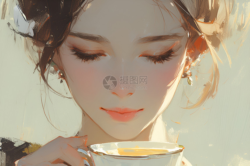 少女饮用咖啡图片