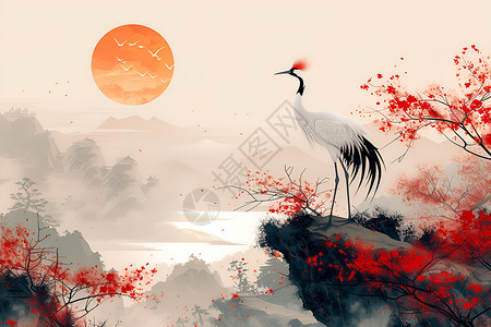 大气花朵素材红冠鹤舞白云间插画
