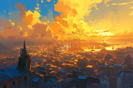 落日金光下的城镇背景图片