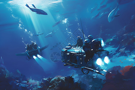 深海科技深海探索的勇敢团队插画