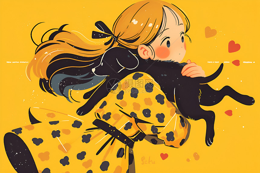 黄裙女孩与黑色小狗图片