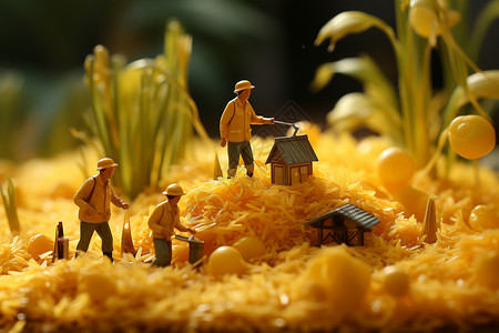 金色稻田中工作的小人背景图片