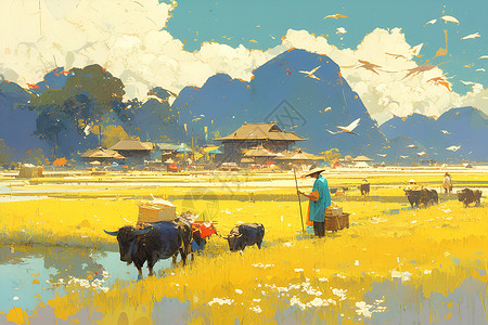 农业耕种一片金黄色的稻田插画