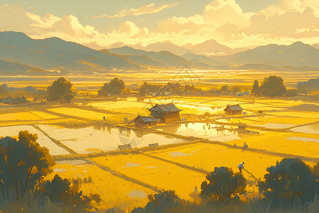 农业耕种夕阳下的金黄稻田插画