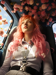 汽车内的花卉和女孩背景图片