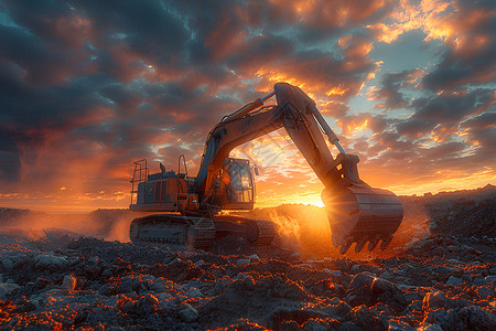 日落中的挖掘机背景图片
