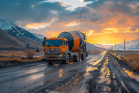 水泥公路泥泞公路上的搅拌车背景