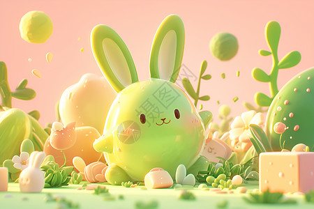 可爱小动物晚安梦幻棉花糖绿兔子设计图片
