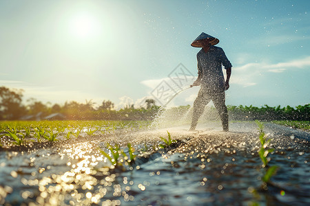 灌溉农田农夫在给作物浇水背景