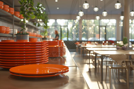 餐厅椅子食堂的一堆盘子背景