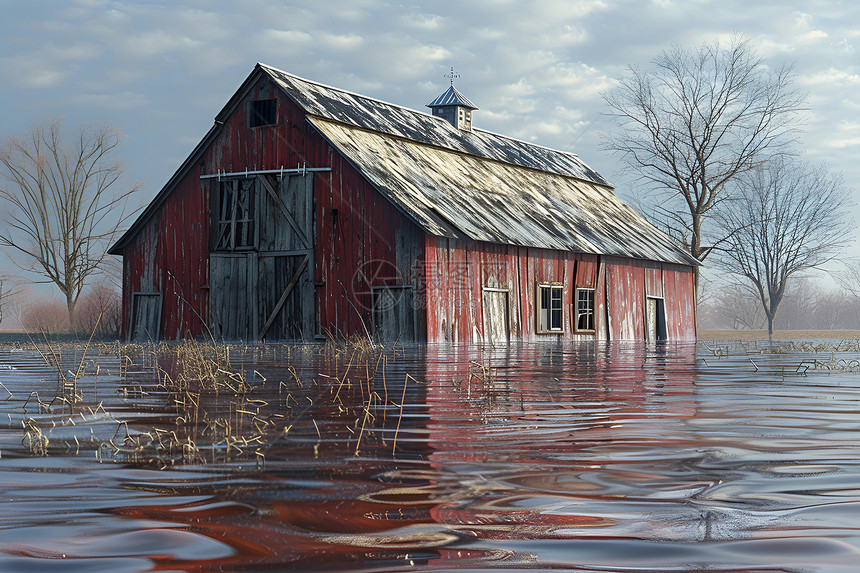 淹没在水中的红色农舍图片