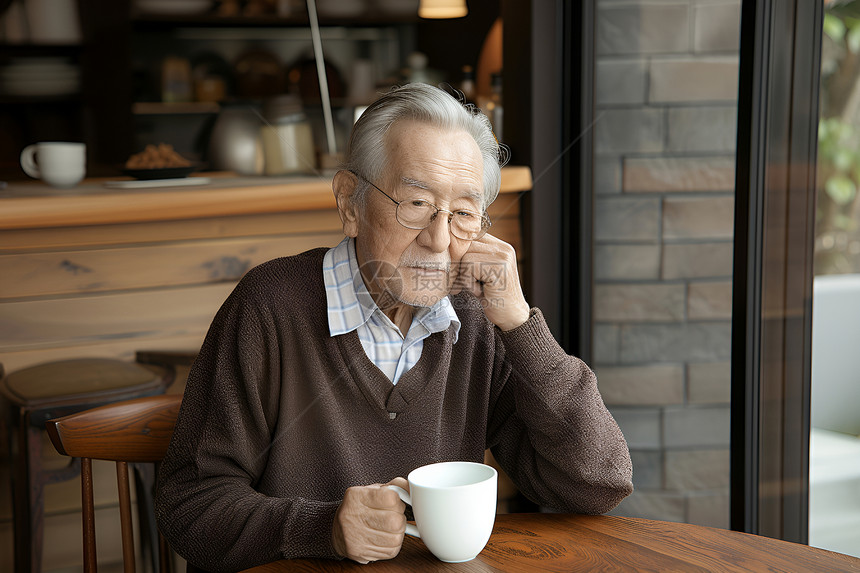 孤独的老人喝咖啡图片