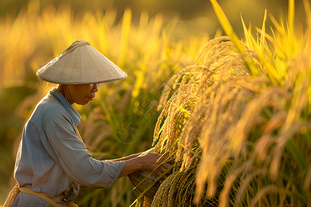 拿着小麦农民金黄的夕阳下农民背景