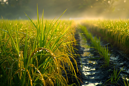 小麦成熟清晨稻田的宁静背景