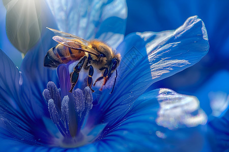 蓝花上的蜜蜂高清图片