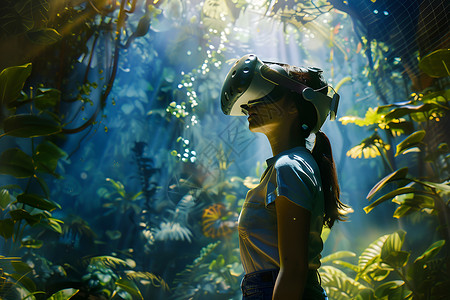 森林中霸王龙女子戴vr眼镜在森林中设计图片