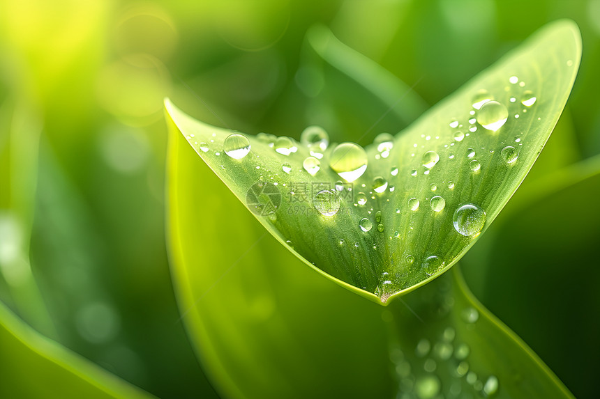 水滴滴落在绿叶上的近景图片