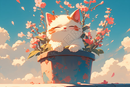 猫咪与花盆的和谐共处高清图片