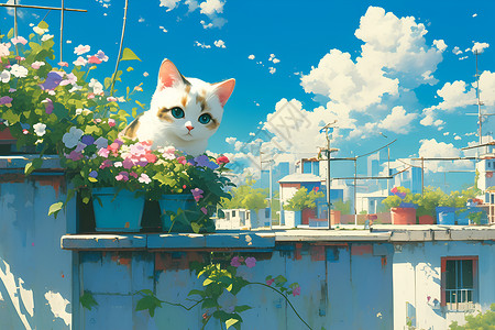 阳光温暖花盆旁的小猫迷人瞬间插画